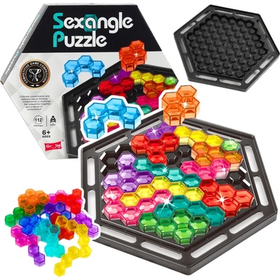 LEAN Toys Logická hra SEXANGLE PUZZLE hexagonální tetris s 16 dílky a 112 úlohami