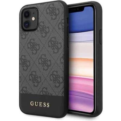 GUESS 4G Stripe Leather Hard Case - дизайнерски кожен кейс за iPhone 11 (тъмносив)