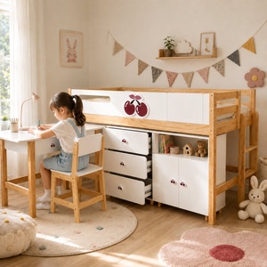 Ginger Home Детско Комбинирано Легло GINGER HOME CHERRY с Бюро, Скрин, Шкаф и Подматрачна Рамка, 90x200 см (SRK-57)