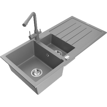Mexen Andres гранитна мивка 1, 5-камерна с отцедник и кухненски смесител Duero, сив - 6515-71-671600-71 (6515-71-671600-71)