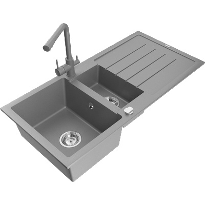 Mexen Andres гранитна мивка 1, 5-камерна с отцедник и кухненски смесител Duero, сив - 6515-71-671600-71 (6515-71-671600-71)