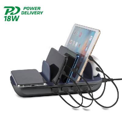 Док станция с 4xUSB и 1xUSB-C гнезда и пад за безжично зареждане - 4smarts Charging Station Family Evo 63W (тъмносин) (540323)