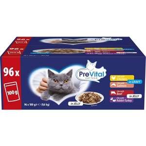 PreVital GIGA BOX Пауч пилешко/сьомга/телешко/заек-морско свинче 96 x 100 г