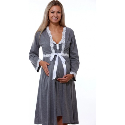 Komplet košilka a župan do porodnice lemovaný bílou krajkou 1G0551 šedá