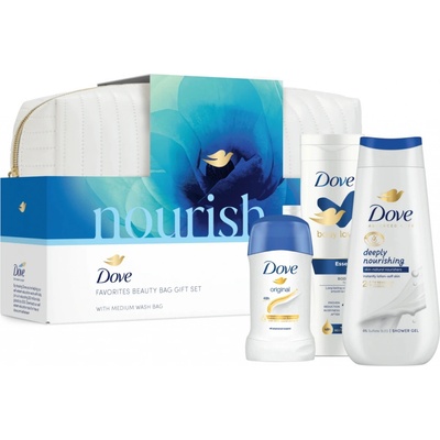 Dove Nourish Dove Deeply Nourishing sprchový gél 225 ml + Dove Essential Care telové mlieko 250 ml + Dove Original tuhý antiperspitant 40 ml + kozmetická taška