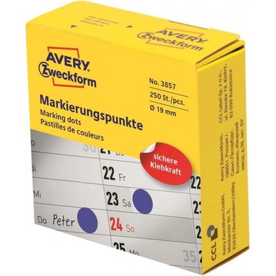 Etikety kruhové 19mm Avery modré v dispenzore