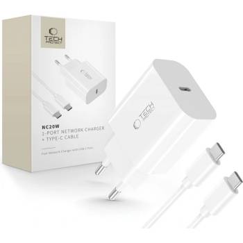 Tech-Protect Бързо зарядно с кабел 2x Type C NC20W от Tech-Protect PD20W 1-Port- White (5906302361588)