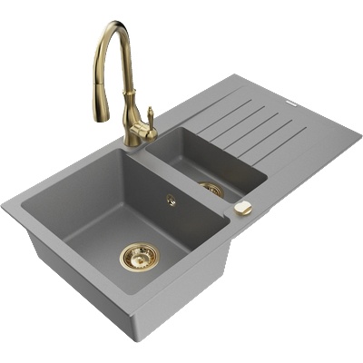 Mexen Matias гранитна мивка с 1, 5 корита с отцеждаща повърхност и кухненски смесител Savita, сив - 6502-71-672601-50 (6502-71-672601-50)