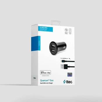 Ttec Зарядно ttec Quantum Duo USB In-Car Charger, 3.4A, incl. Lightning-USB Cable, Mfi - Черно