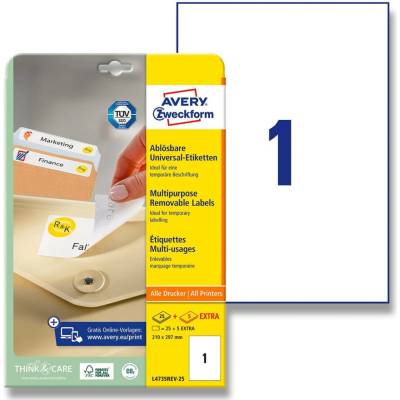 Avery Zweckform L4735REV-25 nepermanentní etikety 210,0 x 297,0 mm 30 etiket bílé