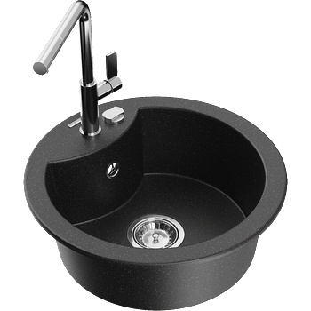 Mexen Diego гранитна мивка с 1 камера и кухненски смесител Flora, черно/сребрист металик - 6512-73-670401-00 (6512-73-670401-00)