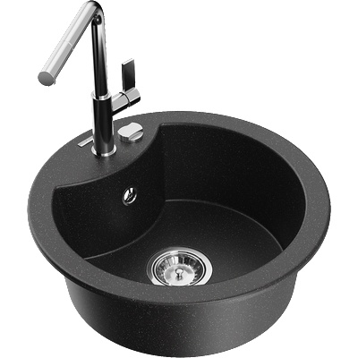 Mexen Diego гранитна мивка с 1 камера и кухненски смесител Flora, черно/сребрист металик - 6512-73-670401-00 (6512-73-670401-00)