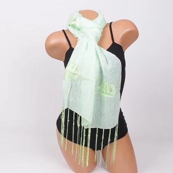 Image 1 of Светлозелен шал с бродирани цветя и перлички