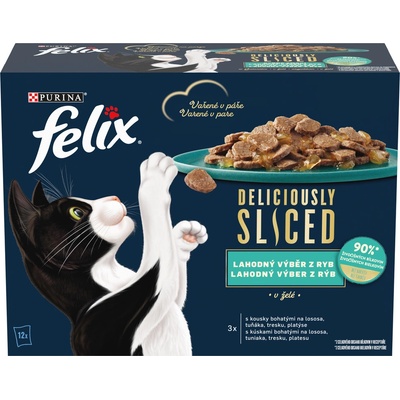 Felix Deliciously Sliced losos, tuniak, treska, platýs v želé 12 x 80 g