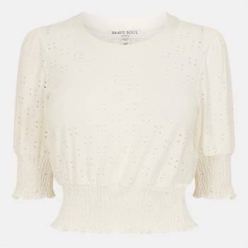 Brave Soul Broderie Top with Shirred Sleeves - White