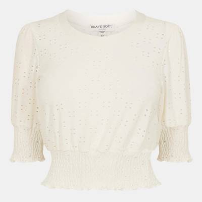 Brave Soul Broderie Top with Shirred Sleeves - White