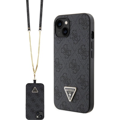 GUESS PU 4G Strass Triangle Metal Logo Case With Crossbody Strap - дизайнерски кожен кейс с връзка за носене през врата за iPhone 15 (черен)