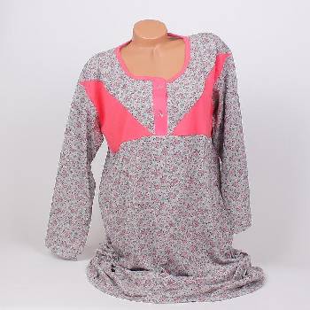 Дълга макси нощница в сиво с коралов акцент и цветя