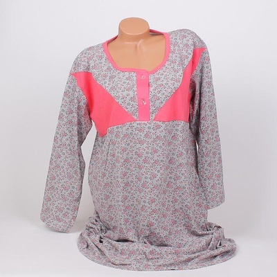 Дълга макси нощница в сиво с коралов акцент и цветя