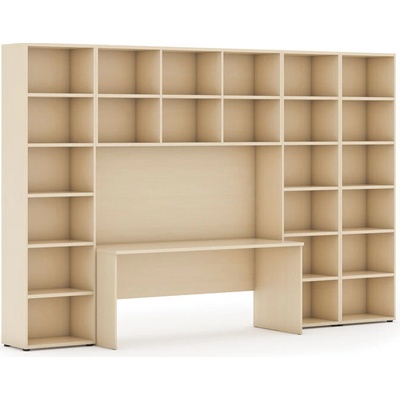 Zostavy knižníc INTEGRO so stolom, vyšší/šírší, 3550x700/400x2300 mm, breza