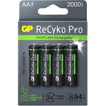 GP Batteries Акумулаторна Батерия GP R6 AA 2000mAh RECYKO + PRO Fast Flash GP-BR-210AAHCF-APCEB4 NiMH /до 500 цикъла/ 4 бр. в опаковка GP (GP-BR-210AAHCF-APCEB4)