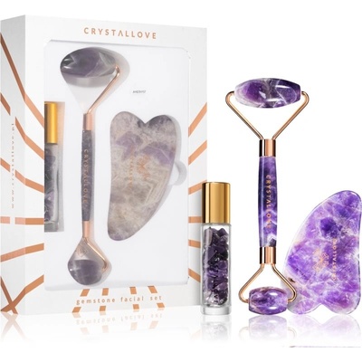 Crystallove Amethyst Gua Sha Plate masážna pomôcka 1 ks + Roller masážny valček na tvár 1 ks + roll-on s kryštálmi plniteľný 10 ml