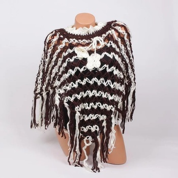 Image 1 of Плетено пончо в тъмнокафяво и бяло с ресни