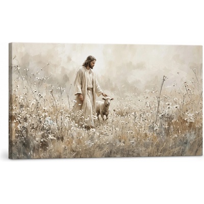 Moderný obraz Ježiša ako pastiera s ovečkou na plátne - 80x40 cm