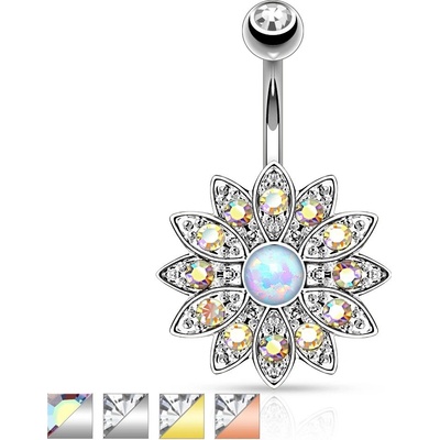 Šperky eshop piercing do bříška z chirurgické oceli květ se zirkony a syntetickým opálem PC18.36 stříbrná duhová