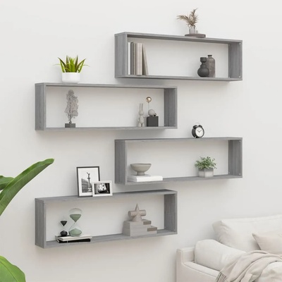 vidaXL Стенни рафтове, 4 бр, сив сонома, 100x15x30 см, инженерно дърво (815910)