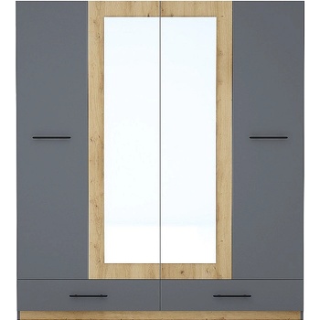 Голд - Аполо Четирикрилен гардероб с чекмеджета и огледало ПРЕСТИЖ графит / дъб артизан