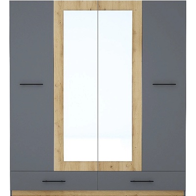 Голд - Аполо Четирикрилен гардероб с чекмеджета и огледало ПРЕСТИЖ графит / дъб артизан