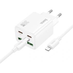 hoco. N56 зарядно устройство 2 USB+2 Type-C гнезда 30W, бързо зарядно PD 3.0 + Lightning кабел, БЯЛО N56_LIGHTNING_W (N56_LIGHTNING_W)