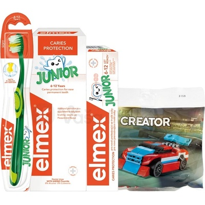 Elmex Junior balíček zubná pasta 50 ml zubná kefka + zubná pasta 12 ml + stavebnica
