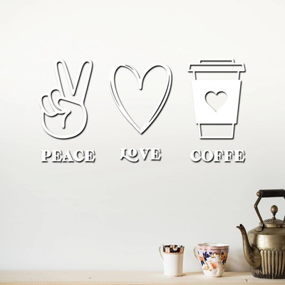 dřevo života Dřevěná dekorace na zeď Peace, love, coffee Rozměry (cm): 80x40, Zvolte barvu dekoru: Bílá