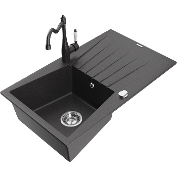 Mexen Cesar Гранитна мивка с 1 корито с отцедник и кухненски смесител Carla, черен напукан - 6514-76-670700-76 (6514-76-670700-76)