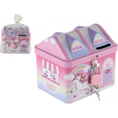 Teddies Pokladnička Domeček jednorožec plechová se zámkem