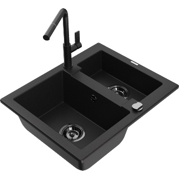 Mexen Carlos гранитна мивка 1, 5-камерна с кухненски смесител Flora, черен - 6518-77-670401-70-B (6518-77-670401-70-B)
