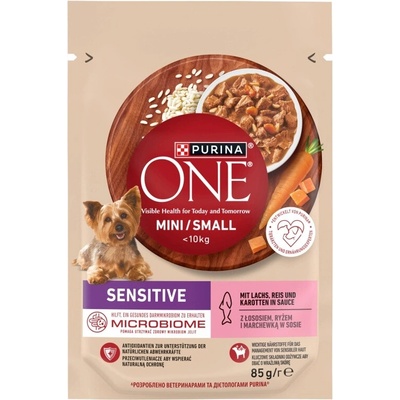 Purina One Sensitive Mini/Small Adult Dog s lososom, ryžou a mrkvou v omáčke 85 g