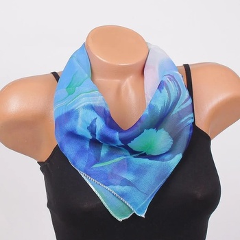 Image 1 of Красиво фишу с флорални мотиви в синьо, зелено и розово