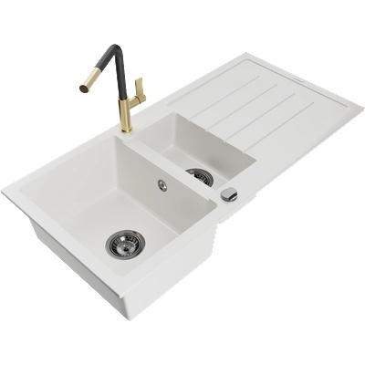 Mexen Andres гранитна мивка 1, 5-корпусна с отцедник и кухненски смесител Flora, бяла - 6515-20-670401-57-B (6515-20-670401-57-B)