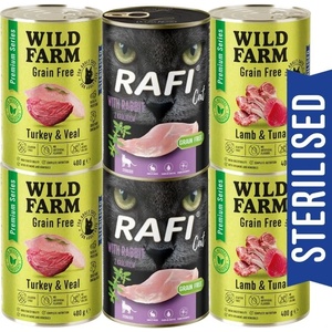 WILD FARM Premium Grain Free + Rafi 6x400g - беззърнена храна за кастрирани котки