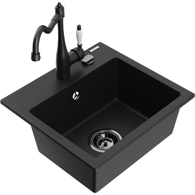 Mexen Milo кухненска мивка от гранит 1-камерна с кухненски смесител Carla, черен - 6505-77-670700-70-B (6505-77-670700-70-B)