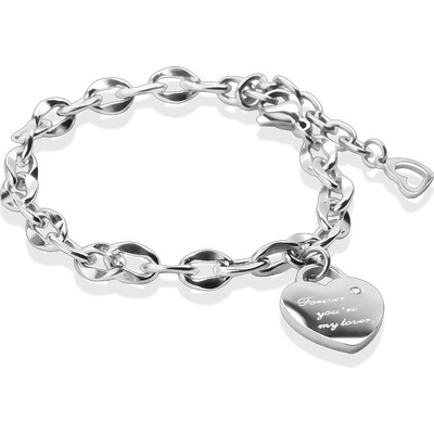 Šperky Eshop náramek z oceli ploché srdce nápis Forever you´re my love zirkon stříbrná S73.11