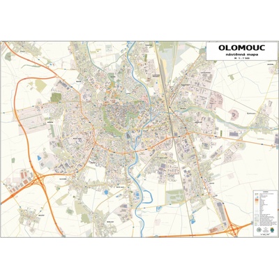 Excart Maps Olomouc - nástěnná mapa 140 x 100 cm Varianta: bez rámu v tubusu, Provedení: laminovaná mapa v lištách