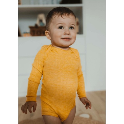 Dětské body z merino vlny bavlny a hedvábí Cosilana s dlouhým rukávem žlutý melír