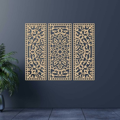 Kvetinová mandala z dreva – boho 3‑dielny obraz | TRIPTICH 4670 HDF0514-A-akcia20