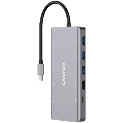 CANYON Докинг станция Canyon 13 in 1 USB C hub, с 2xHDMI, 3xUSB3.0, USB2.0, support max 100W PD, VGA, Type C, Glgabit Ethernet, 3.5mm audio jack, сив - CNS-TDS12 (CNS-TDS12)
