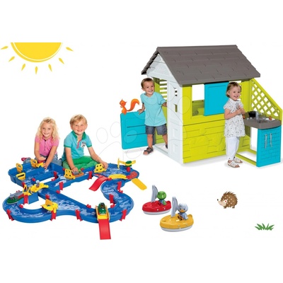 Smoby set domeček Pretty Blue s letní kuchyňkou a vodní dráha Amphie World s loďkami 810703-43