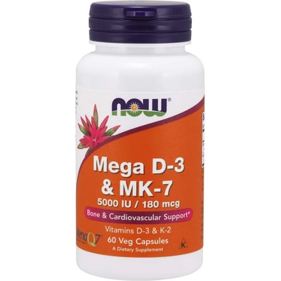 NOW Mega D3 & MK-7, Витамин D3 5000 IU & Витамин K2 180 g, 60 растителни капсули